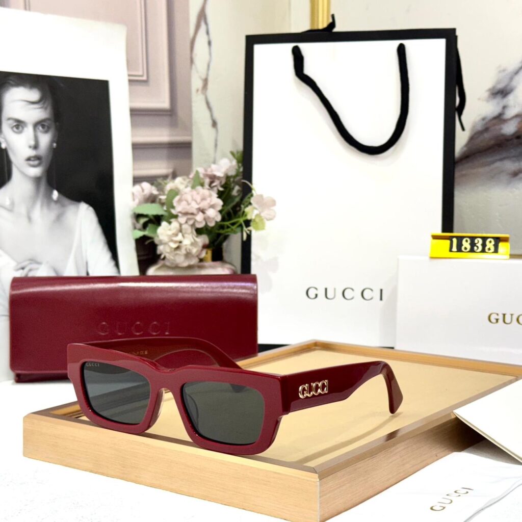 Gucci Statement Wine Red Rectangular Designer Grey Sunglasses