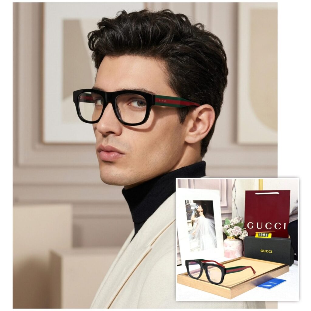 Gucci Square Black Acetate with Signature Green & Red Temples Edition Eyeglasses Frame